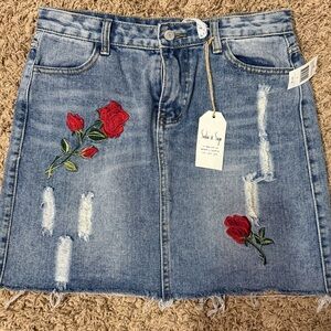 Denim Sadie & Sage Skirt with Red Rose Embroidery